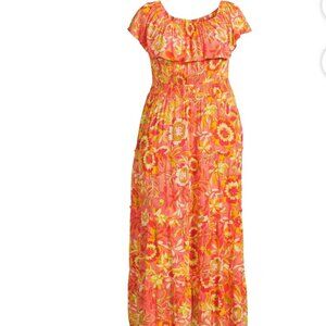 Terra & Sky 1X Off-The-Shoulder long Maxi Dress Retro Floral Orange Poppy